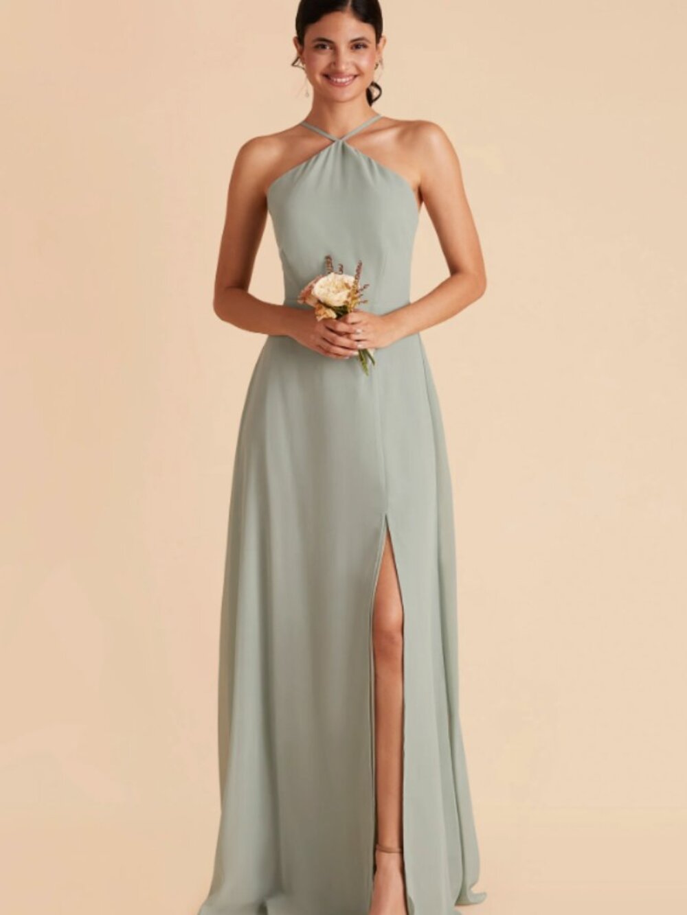 Birdy Grey Juliet Sage Chiffon Halter Maxi Dress Front Slit | Size M